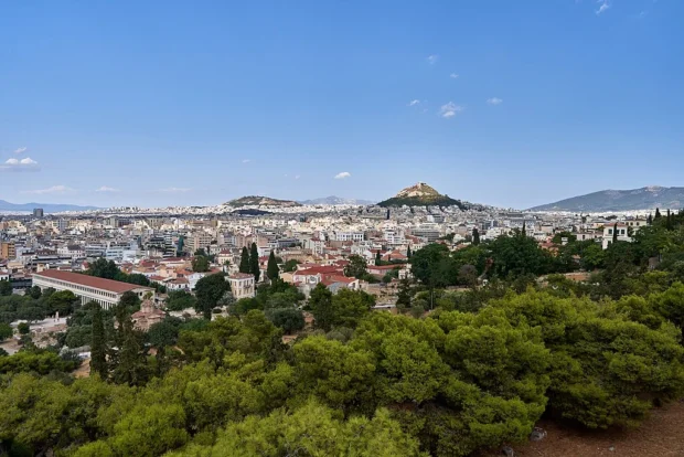 Athens, Greece, Mount Lycabettus Athens with Mount Lycabettus and the Stoa of Attalus from the Areopagus on August 5, 2019