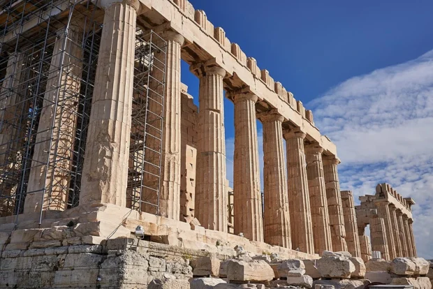 Athens, Greece, Parthenon Columns Sideview of the Parthenon from the West Facade on March 5, 2020