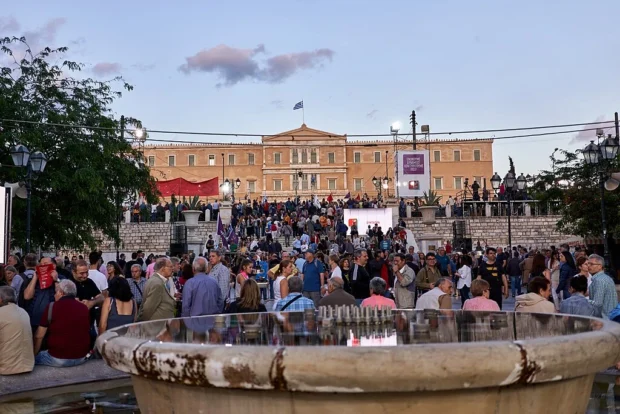 Athens, Greece, Syntagma Square SYRIZA party rally. Syntagma Square fountain on May 24, 2019
