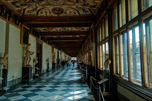 Florence, Italy, Uffizi Gallery Interior Firenze - Florence - Galleria degli Uffizi - Vasari Corridor 1566 - View SSW II