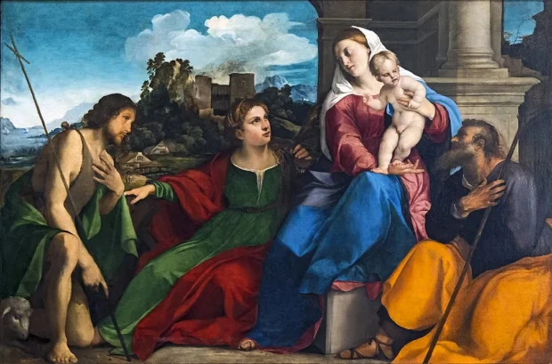 Florence, Italy, Uffizi Michelangelo Tondo Doni Accademia - Holy Family with Saints Catherine of Alexandria and John the Baptist by Palma il Vecchio