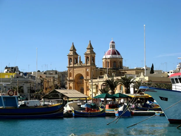 Marsaxlokk fishing village, Church from pontoon, June 2010