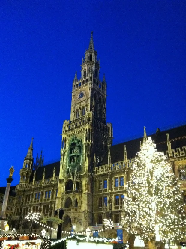 Munich City Hall at night with Christmas Tree and Christmas market booths